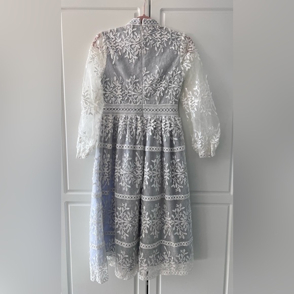 NWT Ivy City Co Midi Dress Formal Long Sleeve White Overlay Mesh/Blue Lined - Picture 6 of 6